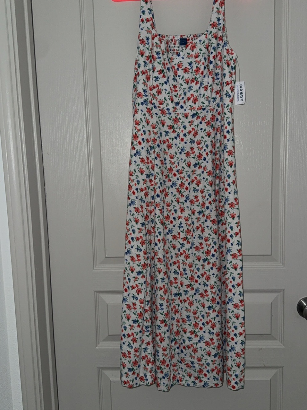 White Floral Midi Dress with Red & Blue Flowers